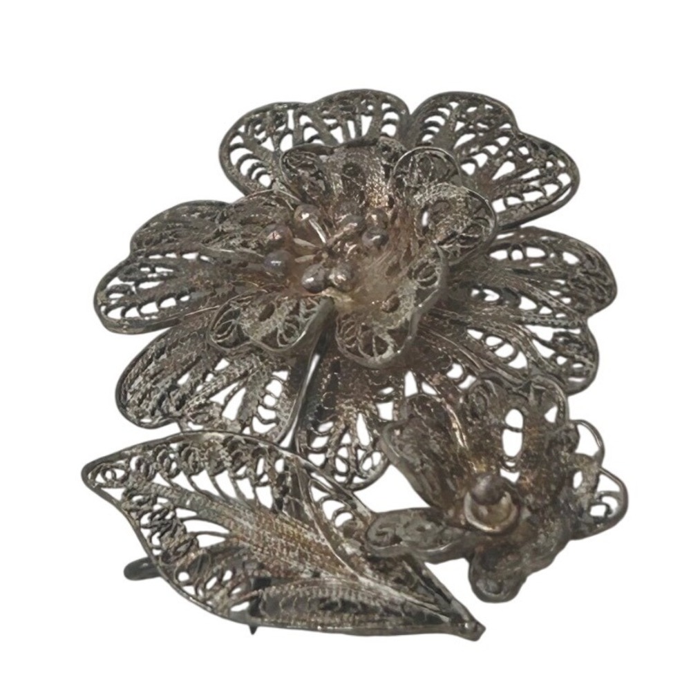 Vintage Sterling Silver Tone Filigree Flower Brooch Double Bloom Floral Pin 1.5"